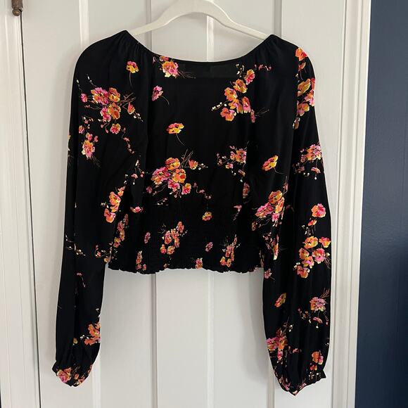Leith Smocked Crop Black Floral Top Sweetheart Neckline Boho Peasant Size M - Picture 9 of 11